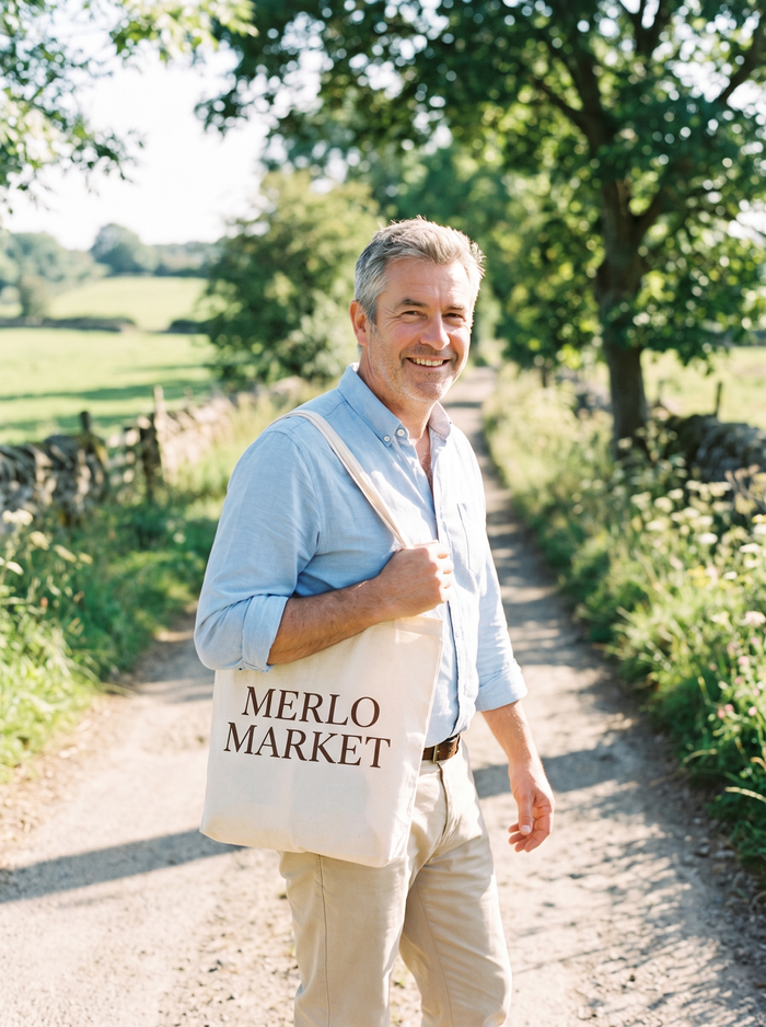 Man walking a country lane with a Merlo Market tote