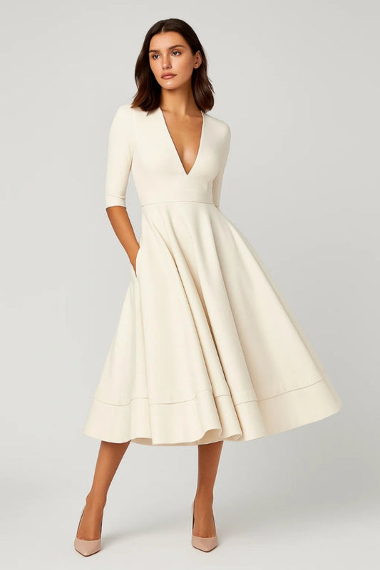 Midi Dress Women - Elegant V-Neck | Three-Quarter Sleeves