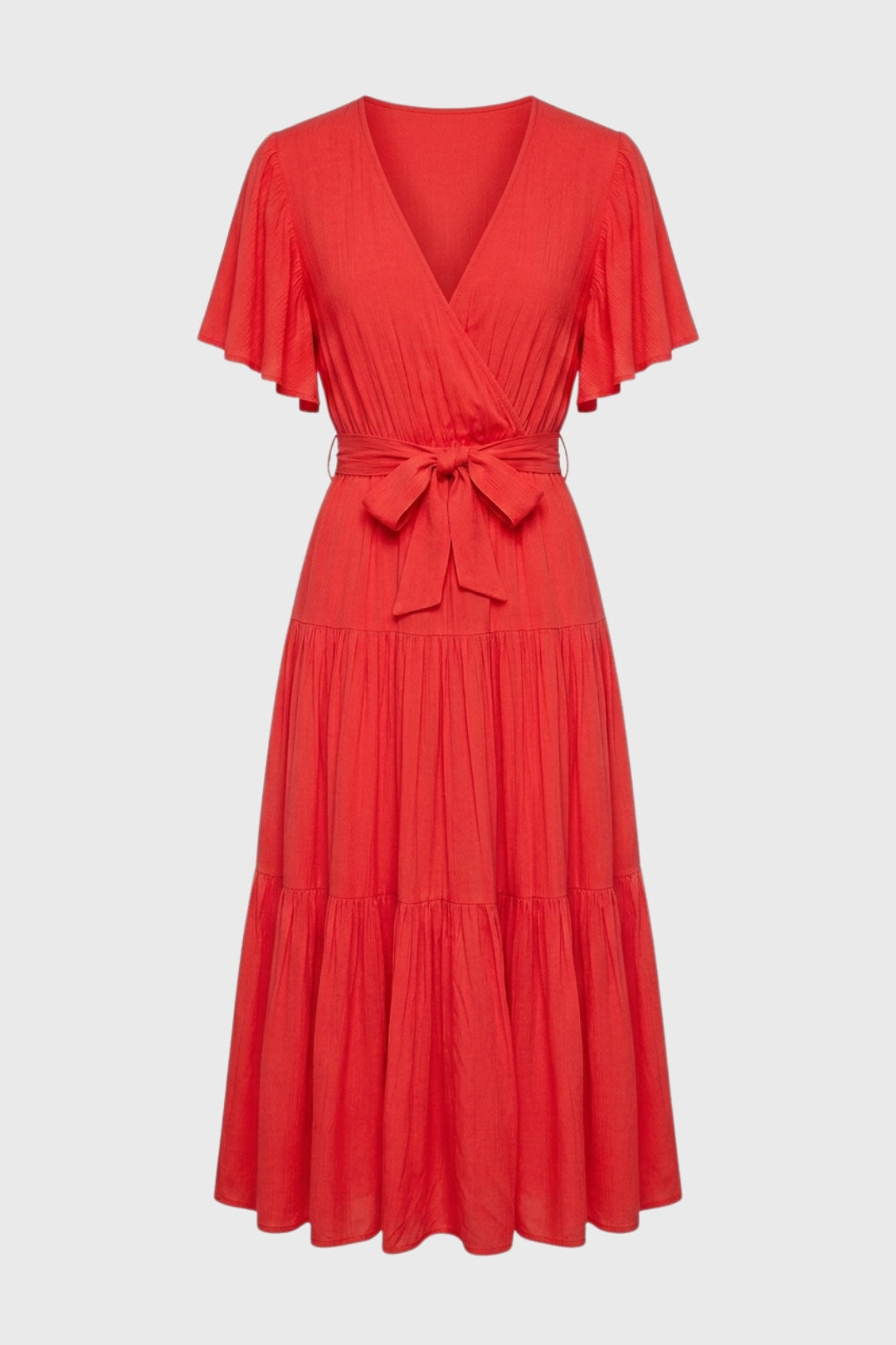 Midi Dress Women - Flowy Flutter Sleeve | Wrap-Style Tiered