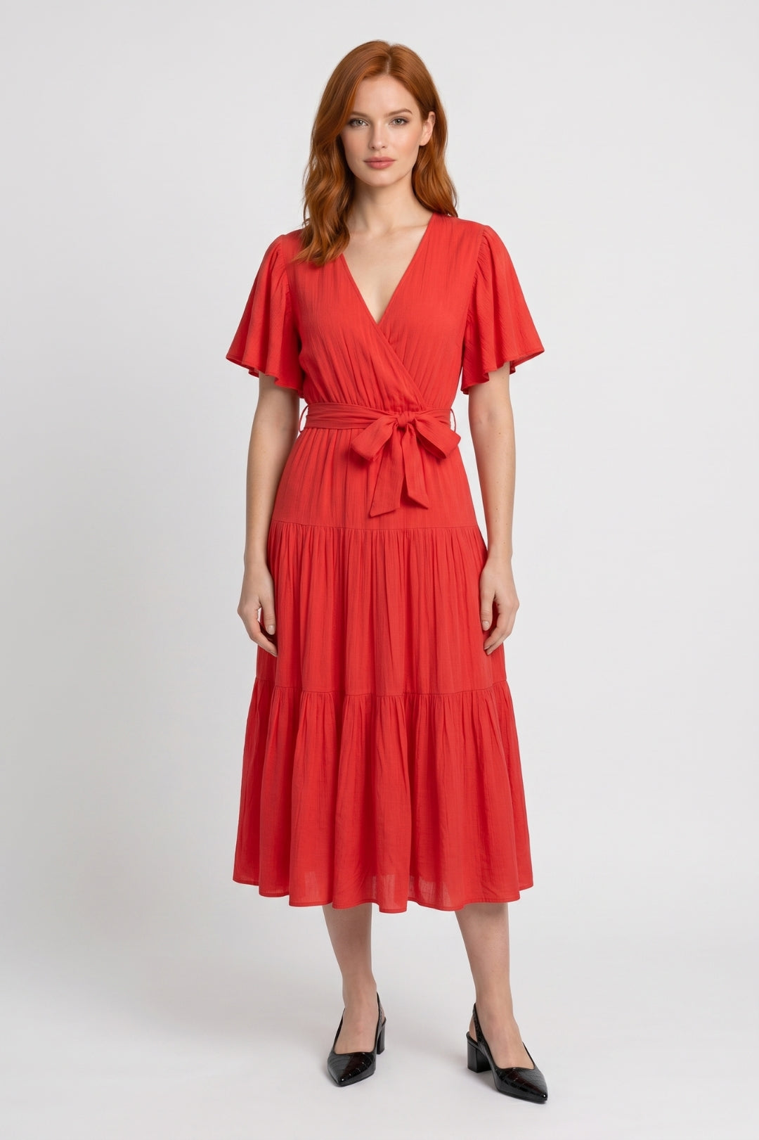 Midi Dress Women - Flowy Flutter Sleeve | Wrap-Style Tiered
