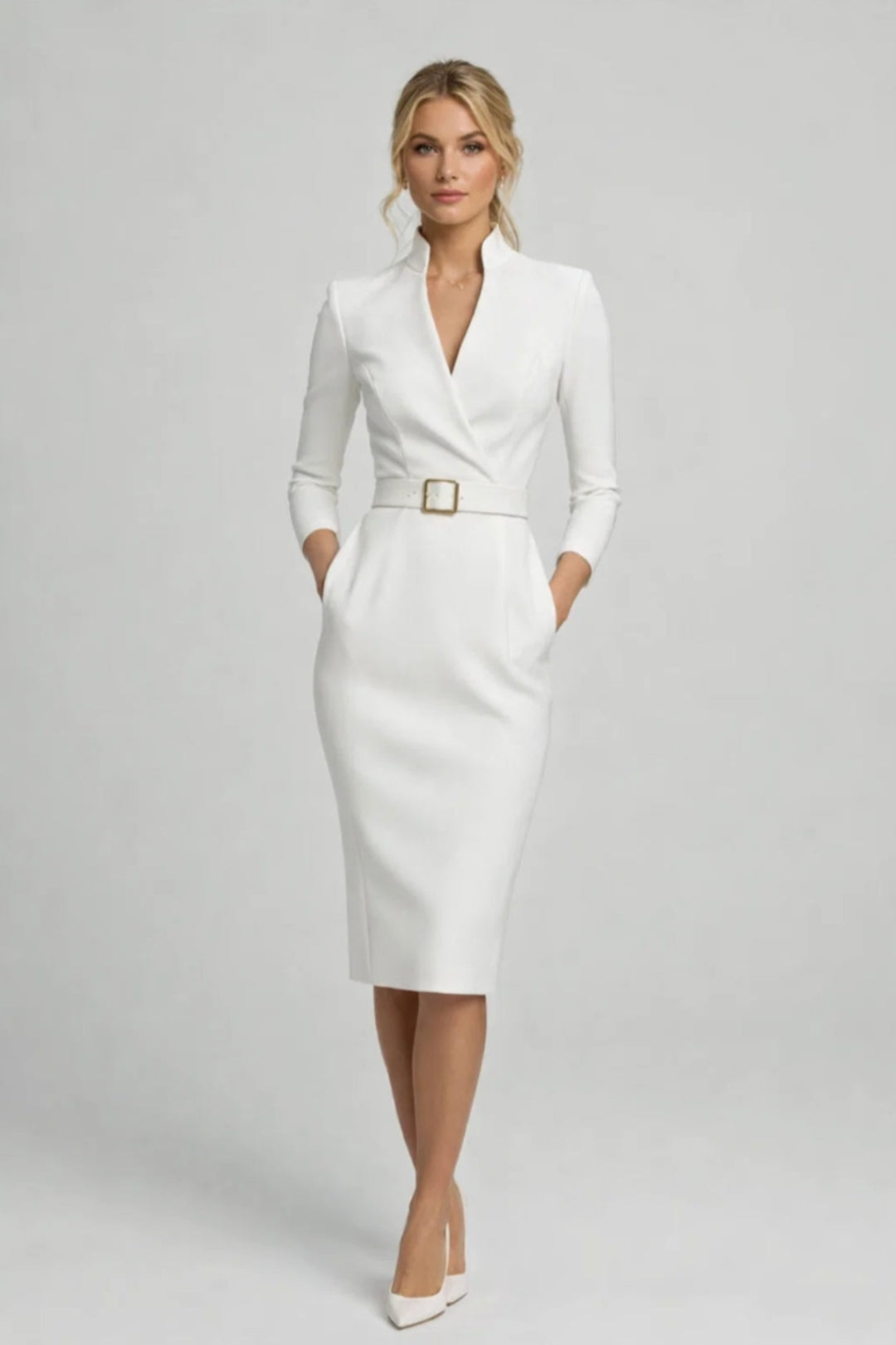 Midi Dress Women - Professional Wrap Style | Belted V-Neck